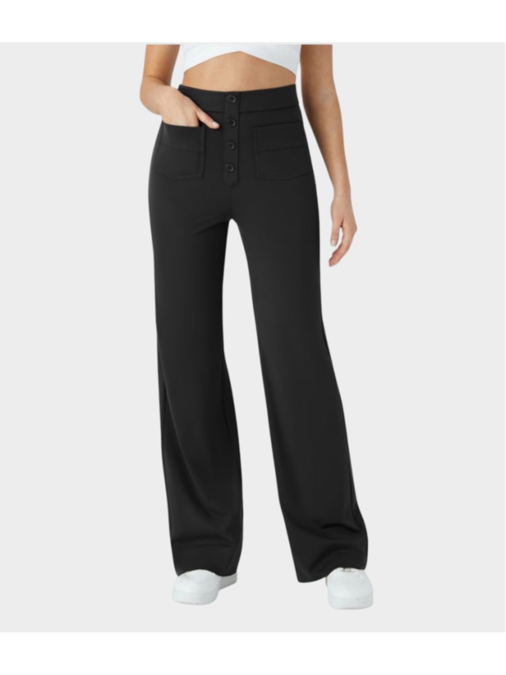 Size L High Waisted Pockets Straight Leg Casual Pants Black